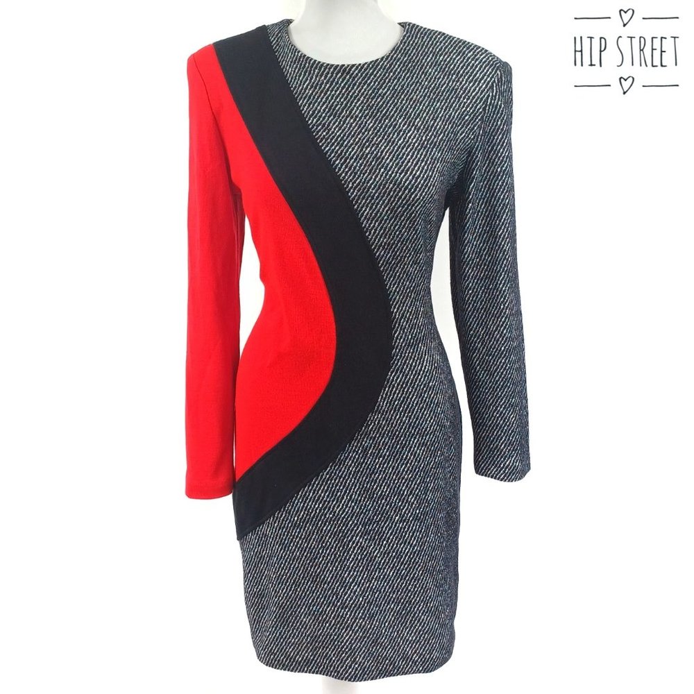ALL THAT JAZZ Vintage 80s LS Optic Pattern Stretch Sheath Dress 11/12